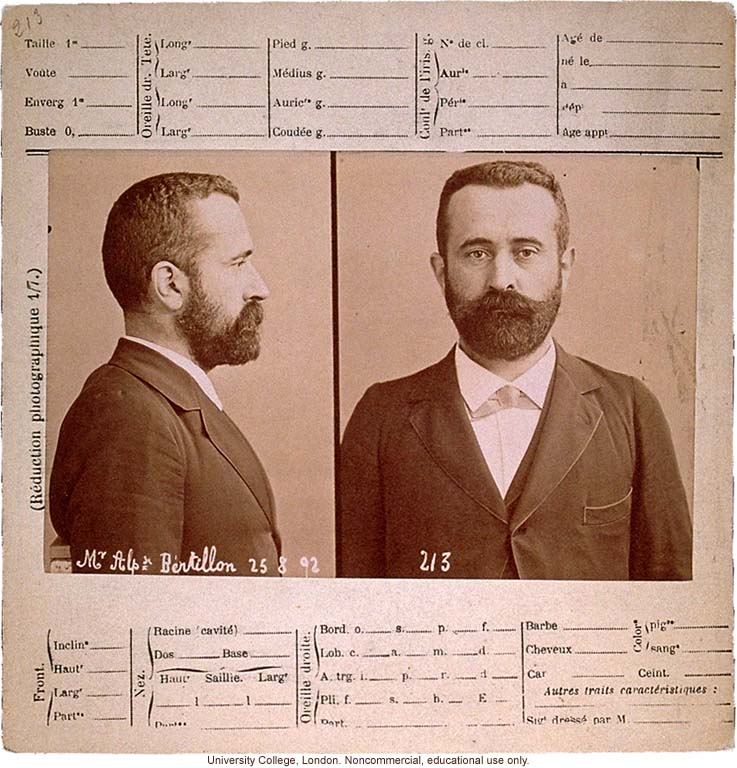 Anthropometry card of Alphonse Bertillon, who originated this criminal identification system of profile and full-face photos and key body measurements