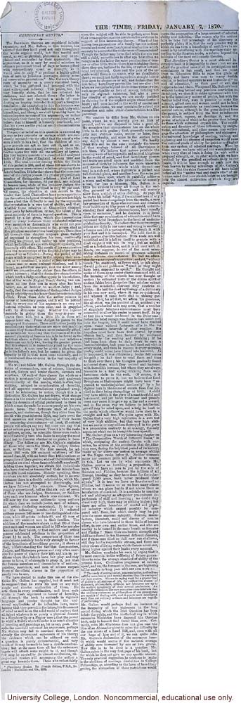 Review of <i> Hereditary Genius</i>, <i>The Times</i> (1/7/1870)