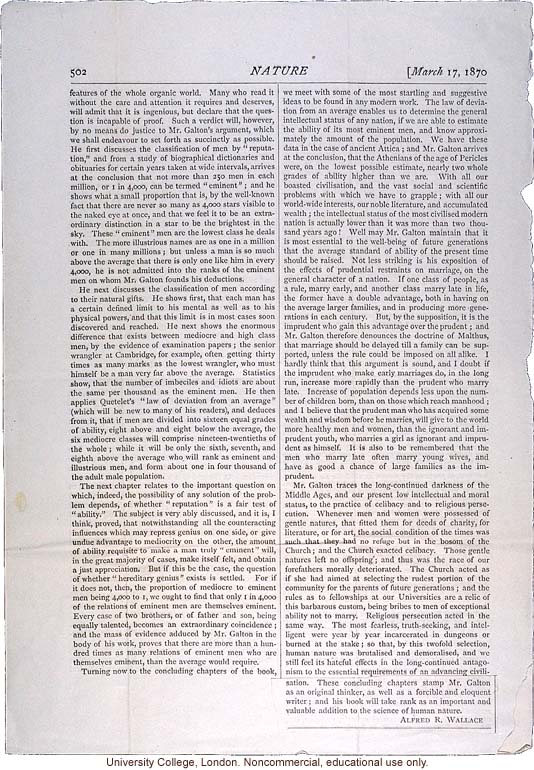 Review of <i> Hereditary Genius</i>, <i>Nature</i> (3/17/1870)