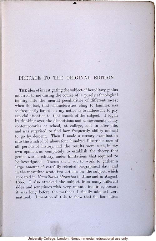 <i> Hereditary Genius: An Enquiry into Its Laws and Consequences</i> (2nd ed.), by Francis Galton, selected pages