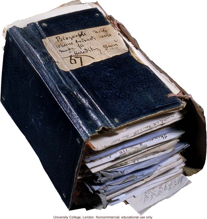 Francis Galton's rough-bound notes for biographies in <i>Hereditary Genius</i>, selected pages including Aristotle and Francis Bacon