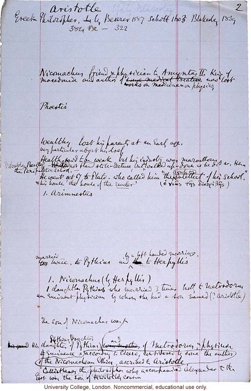 Francis Galton's rough-bound notes for biographies in <i>Hereditary Genius</i>, selected pages including Aristotle and Francis Bacon