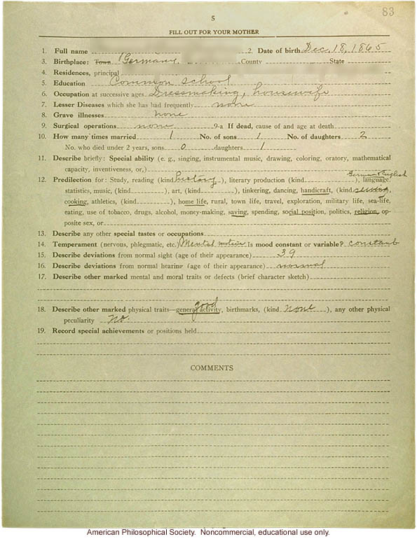 Eugenics registry of the Race Betterment Foundation, Battle Creek, MI