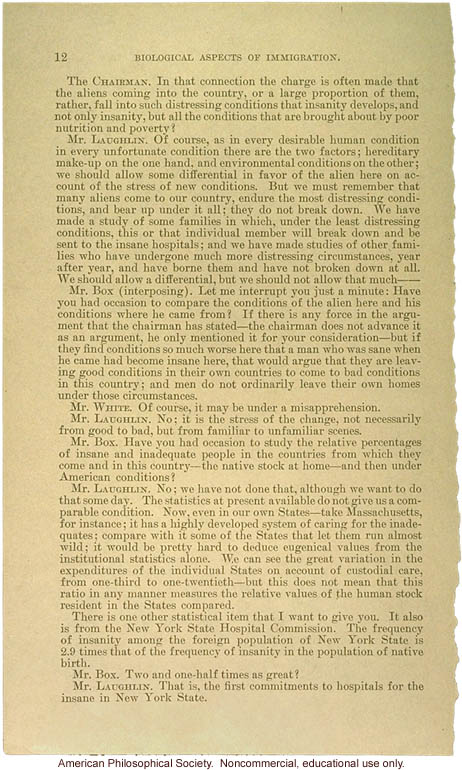 &quote;Biological aspects of immigration,&quote; Harry H. Laughlin testimony before the House Committee on Immigration and Naturalization