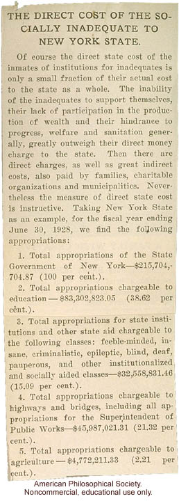 &quote;The Direct Cost of the Socially Inadequate to New York State&quote;