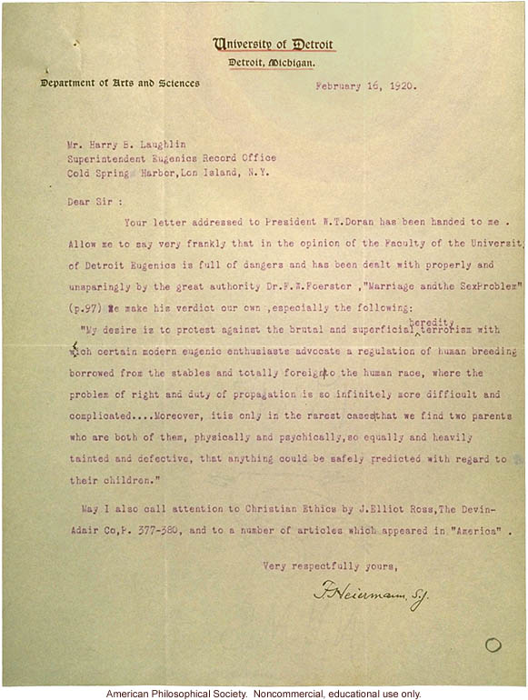 Response on behalf of W.T. Doran to Harry E. Laughlin, about eugenics instruction survey