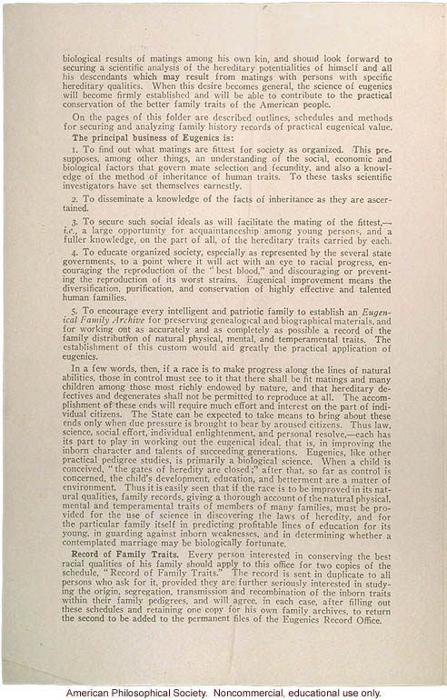 &quote;Eugenics seeks to improve the natural, physical, mental and tempermental qualities of the human family,&quote; Eugenics Record Office