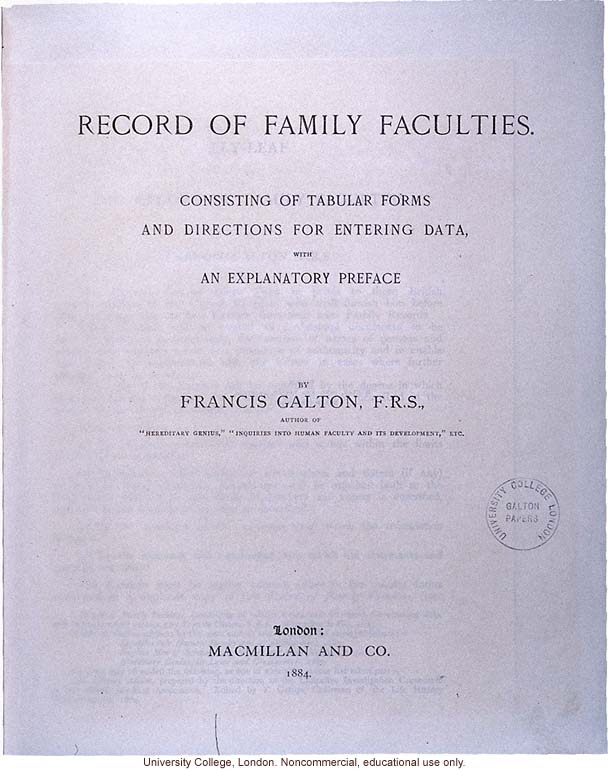 <i>Record of Family Faculties</i>, by Francis Galton (compiled with completed family pedigree forms), selected pages