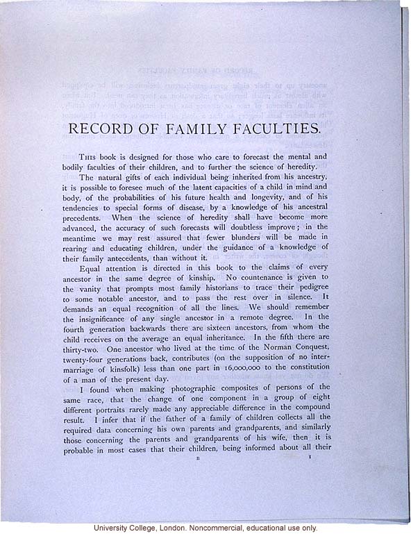 <i>Record of Family Faculties</i>, by Francis Galton (compiled with completed family pedigree forms), selected pages