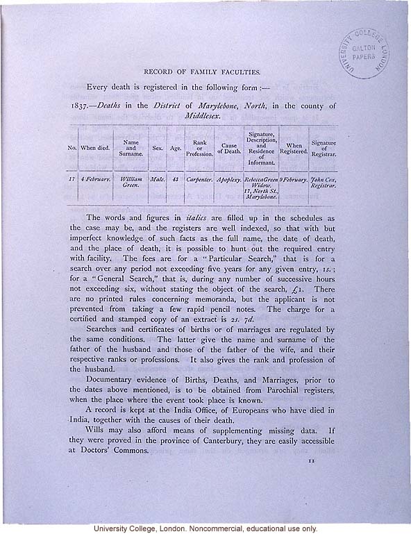 <i>Record of Family Faculties</i>, by Francis Galton (compiled with completed family pedigree forms), selected pages
