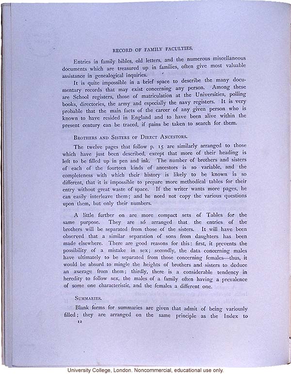 <i>Record of Family Faculties</i>, by Francis Galton (compiled with completed family pedigree forms), selected pages