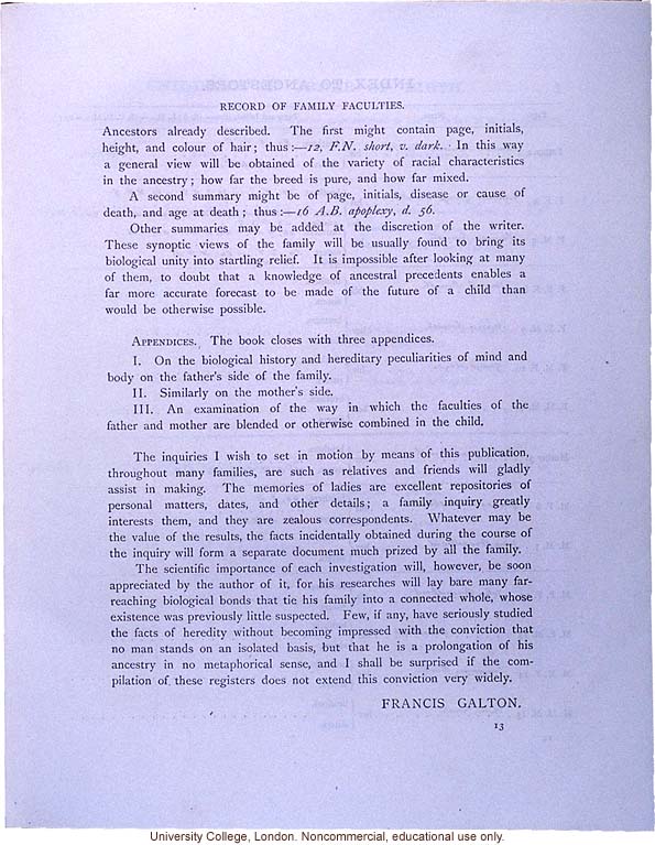 <i>Record of Family Faculties</i>, by Francis Galton (compiled with completed family pedigree forms), selected pages