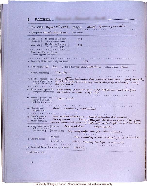 <i>Record of Family Faculties</i>, by Francis Galton (compiled with completed family pedigree forms), selected pages