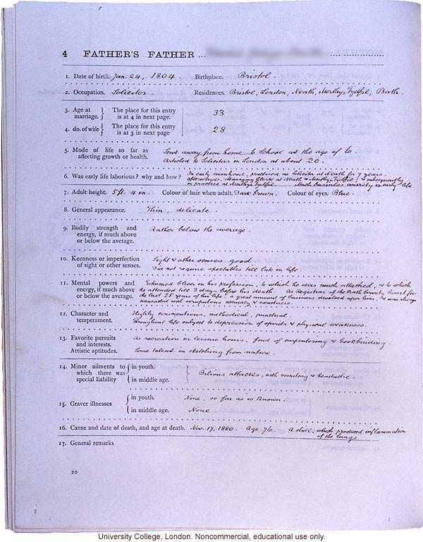 <i>Record of Family Faculties</i>, by Francis Galton (compiled with completed family pedigree forms), selected pages