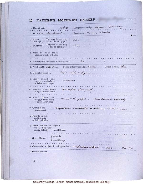 <i>Record of Family Faculties</i>, by Francis Galton (compiled with completed family pedigree forms), selected pages