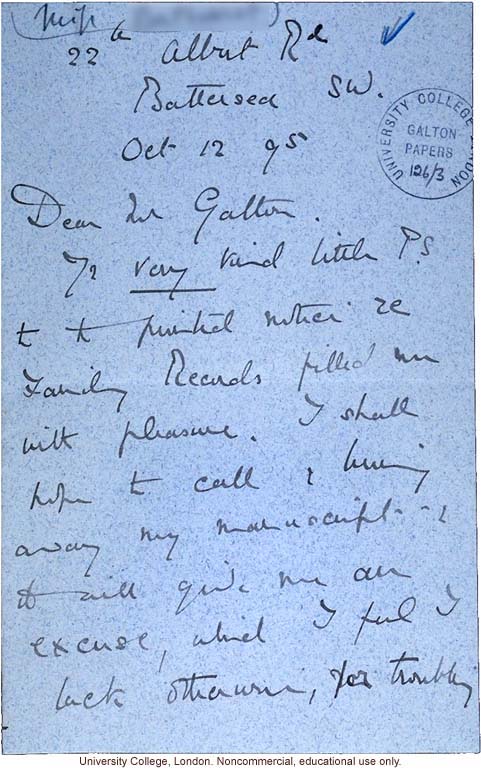 K. Bathurst letter to Francis Galton, about family records (10/12/1895)