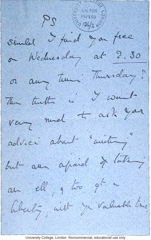 K. Bathurst letter to Francis Galton, about family records (10/12/1895)