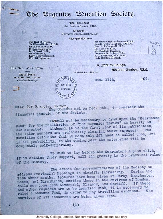 Eugenics Education Society letter to Francis Galton, about efforts to lobby Parliament for segregation of defectives in the Poor Law (12/11/1909)