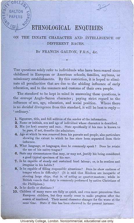 Directions for responding to a survey on &quote;Ethnological Enquiries on the Innate Character and Intelligence of Different Races,&quote; by Francis Galton