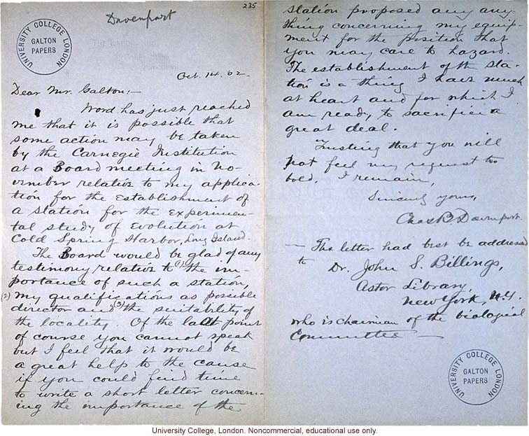 Charles Davenport letter to Francis Galton, requesting a reference for his proposal for the Station for Experimental Evolution (10/14/1902)