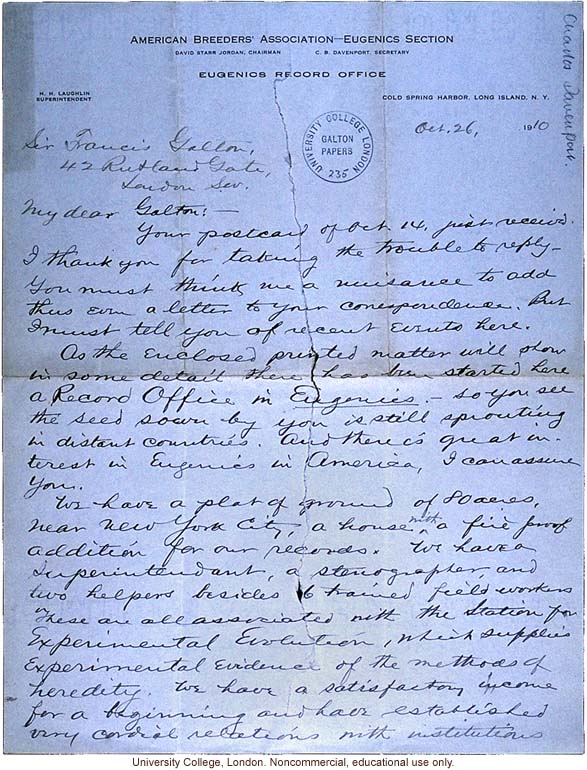 Charles Davenport letter to Francis Galton, about opening the Eugenics Record Office and the debt to him as founder of eugenics (10/26/1910)