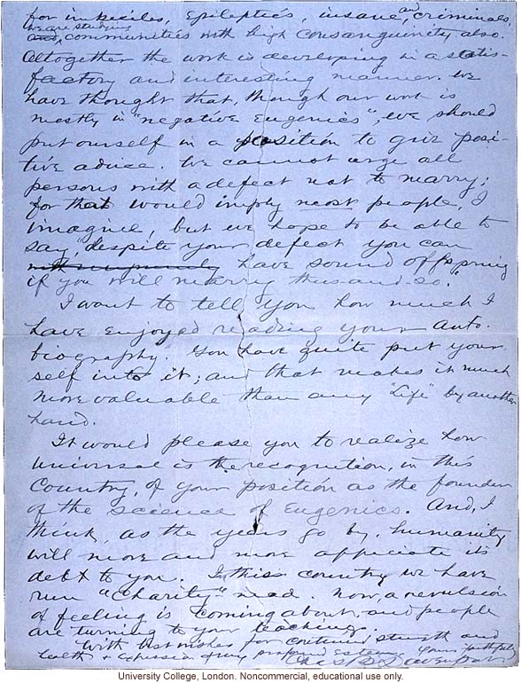 Charles Davenport letter to Francis Galton, about opening the Eugenics Record Office and the debt to him as founder of eugenics (10/26/1910)