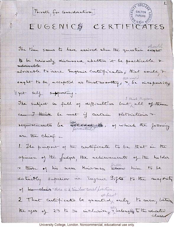 Handwritten proposal for issuing &quote;eugenic certificates&quote; to physically and mentally superior men aged 23-30, by Francis Galton