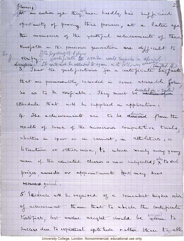 Handwritten proposal for issuing &quote;eugenic certificates&quote; to physically and mentally superior men aged 23-30, by Francis Galton