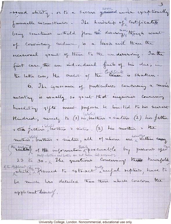 Handwritten proposal for issuing &quote;eugenic certificates&quote; to physically and mentally superior men aged 23-30, by Francis Galton