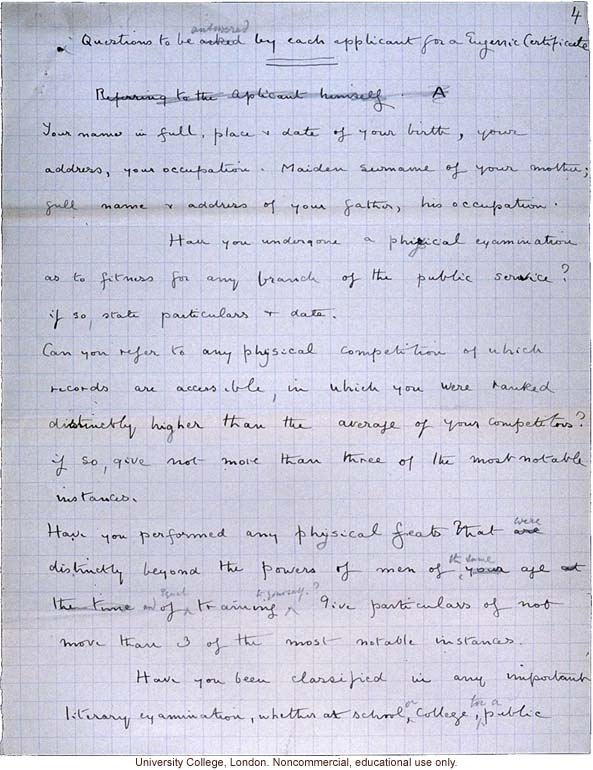 Handwritten proposal for issuing &quote;eugenic certificates&quote; to physically and mentally superior men aged 23-30, by Francis Galton