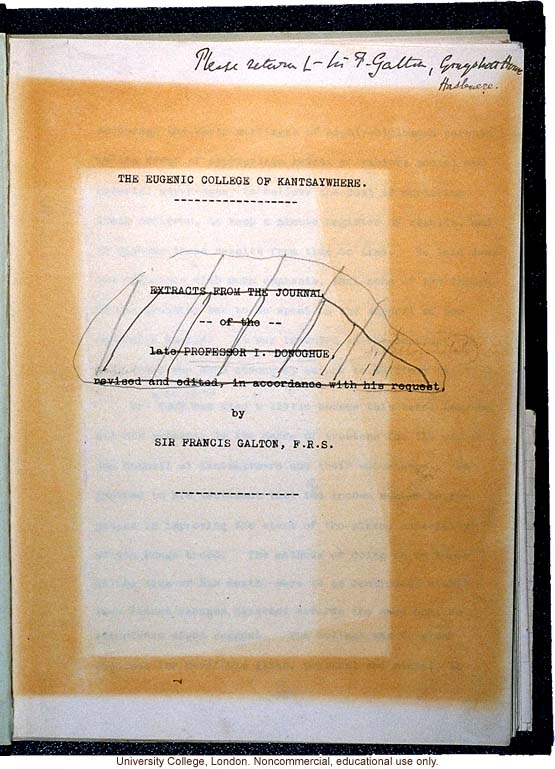 Manuscript of the &quote;Eugenic College of Kantsaywhere,&quote; by Francis Galton (title page and page with a definition of &quote;genetic&quote;)