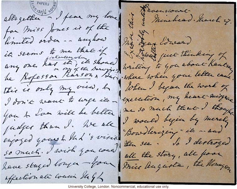 F. Galton letter to his cousin Edward, asking him to review his manuscript of "e;Kantysaywhere"e; and pass it on to Karl Pearson