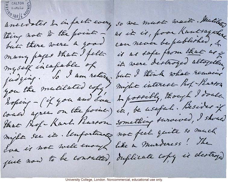 F. Galton letter to his cousin Edward, asking him to review his manuscript of &quote;Kantysaywhere&quote; and pass it on to Karl Pearson
