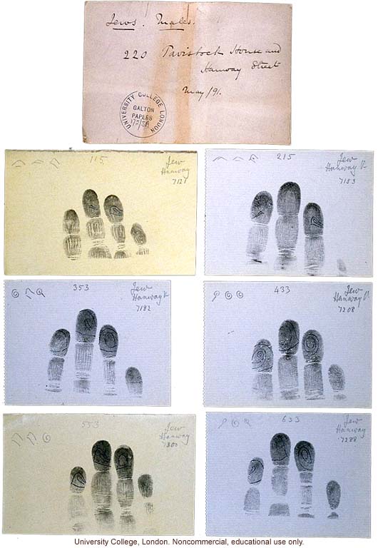 Francis Galton's fingerprint cards of Jewish males, Tavistock House and Hanway Street School (5/1891)