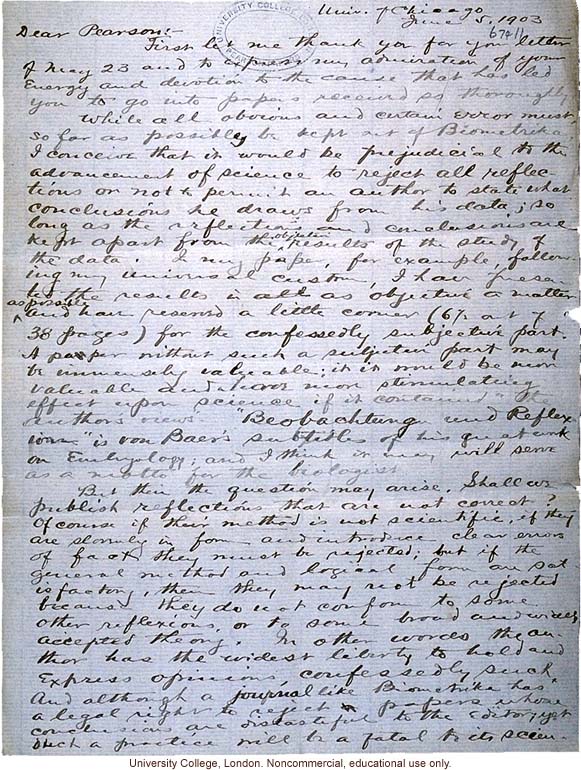 Charles Davenport letter to Karl Pearson, defending roles of mutation and environment in evolution in paper rejected by <i>Biometrika</i> (6/5/1903)