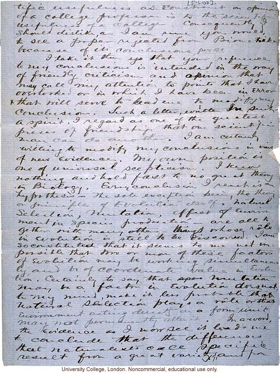 Charles Davenport letter to Karl Pearson, defending roles of mutation and environment in evolution in paper rejected by <i>Biometrika</i> (6/5/1903)