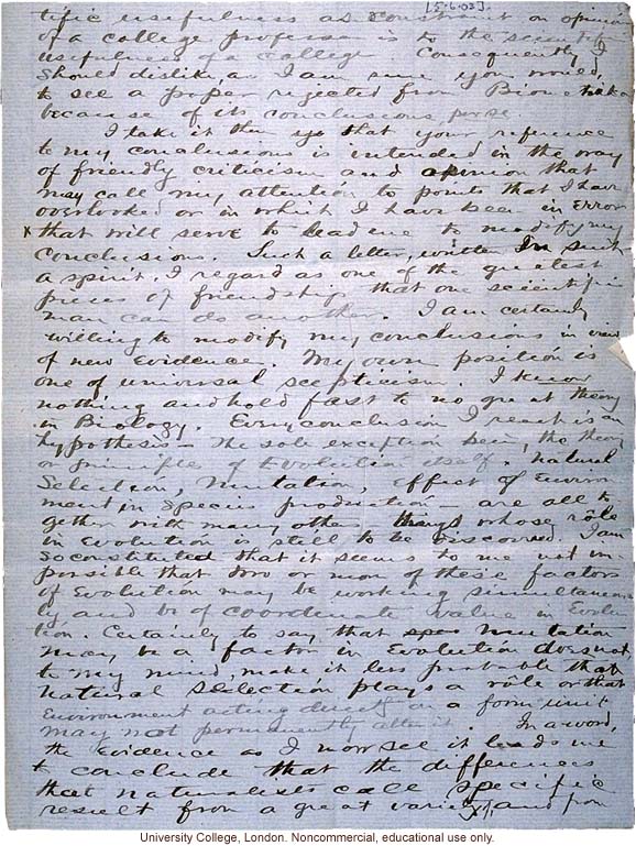 Charles Davenport letter to Karl Pearson, defending roles of mutation and environment in evolution in paper rejected by <i>Biometrika</i> (6/5/1903)