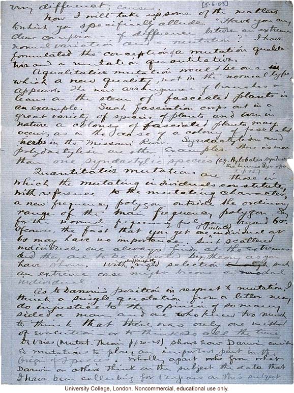 Charles Davenport letter to Karl Pearson, defending roles of mutation and environment in evolution in paper rejected by <i>Biometrika</i> (6/5/1903)