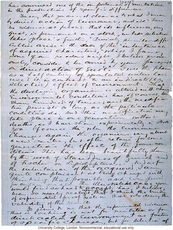Charles Davenport letter to Karl Pearson, defending roles of mutation and environment in evolution in paper rejected by <i>Biometrika</i> (6/5/1903)