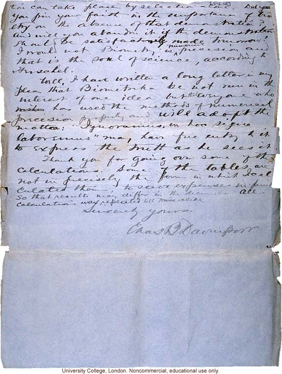 Charles Davenport letter to Karl Pearson, defending roles of mutation and environment in evolution in paper rejected by <i>Biometrika</i> (6/5/1903)