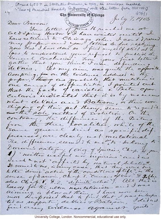 Charles Davenport letter to Karl Pearson, emphasizing his break with Bateson and De Vries on environmentally induced mutations (7/7/1903)