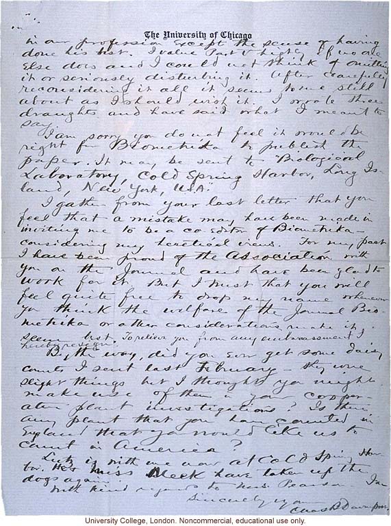 Charles Davenport letter to Karl Pearson, emphasizing his break with Bateson and De Vries on environmentally induced mutations (7/7/1903)