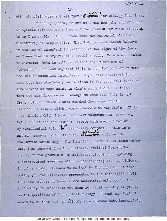 Raymond Pearl letter to Karl Pearson, about disagreement on hereditary theory and his removal as an editor of <i> Biometrika</i> (2/15/1910)