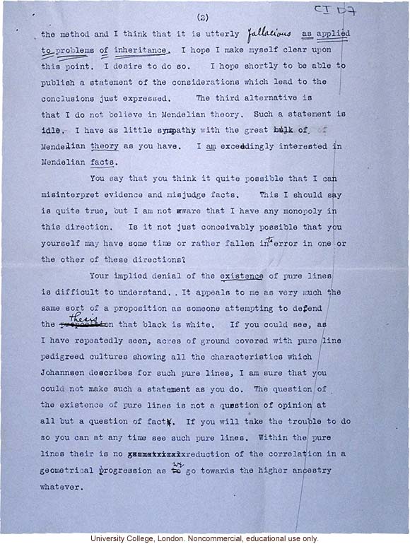 Raymond Pearl letter to Karl Pearson, discussion of conflict between biometrical and experimental approaches to study heredity (3/12/1910)