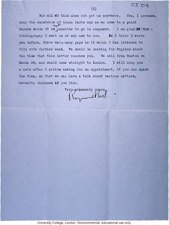 Raymond Pearl letter to Karl Pearson, discussion of conflict between biometrical and experimental approaches to study heredity (3/12/1910)