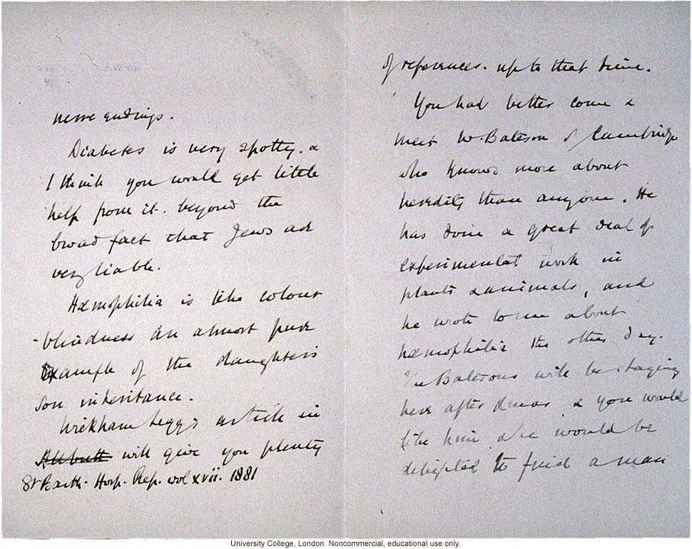 W.P. Heningham letter to E. Nettleship, about inheritance of human disorders and sex determination, with references to Bateson and Garrod (11/28/1904)