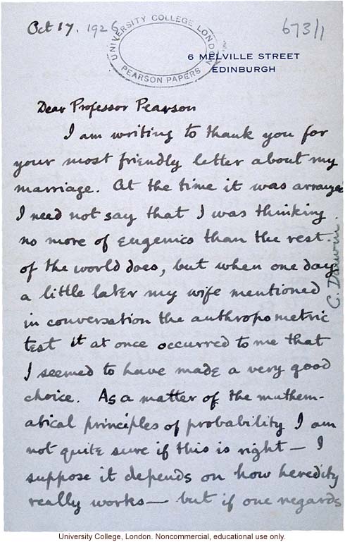 Charles (Galton) Darwin letter Karl Pearson, lighthearted analysis by Darwin's grandson of the eugenic effects of his arranged marriage (10/17/1926)