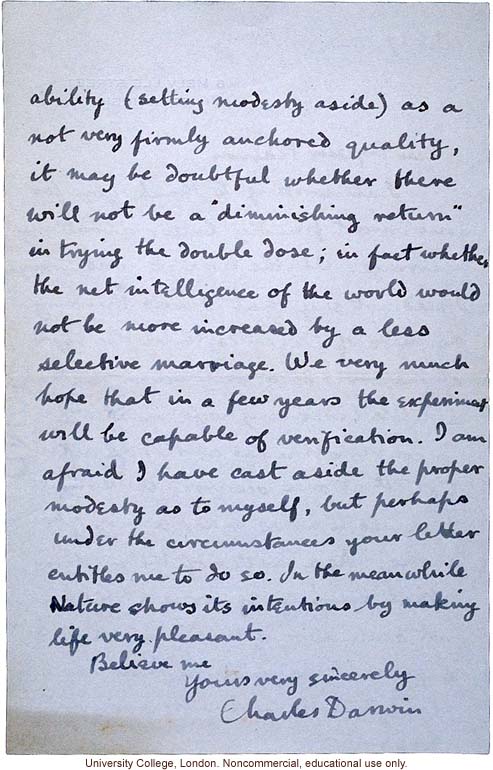 Charles (Galton) Darwin letter Karl Pearson, lighthearted analysis by Darwin's grandson of the eugenic effects of his arranged marriage (10/17/1926)