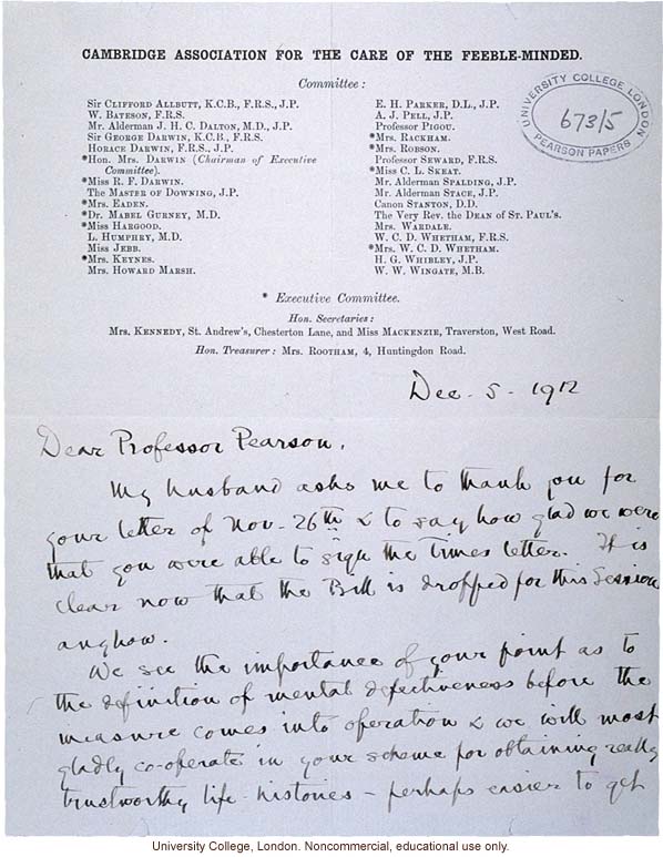 Ida Darwin letter to Karl Pearson about definition of mental defectiveness for Mental Deficiency Act before Parliament (12/5/1912)