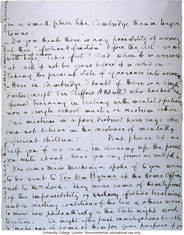 Ida Darwin letter to Karl Pearson about definition of mental defectiveness for Mental Deficiency Act before Parliament (12/5/1912)